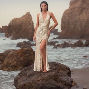 Mac Duggal Gold Sequin Halter Evening Dress